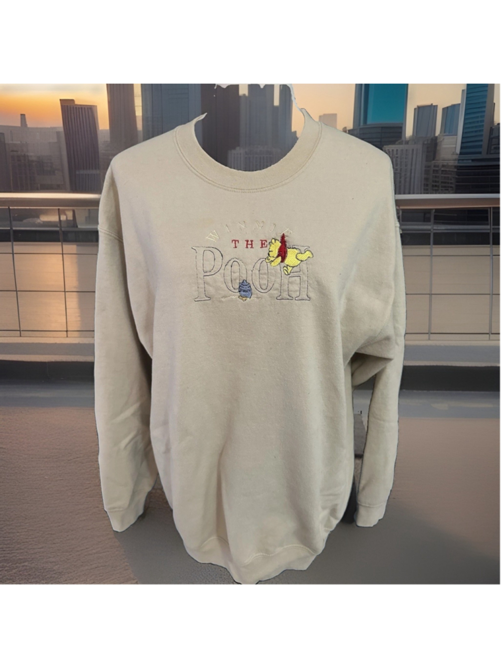 Disney Winnie the Pooh Embroidered Crewneck Sweatshirt Beige Size L